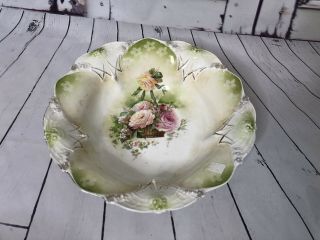 R.  S.  Prussia 10 1/2” Bowl Green Floral Flower Basket Of Roses Gold Large