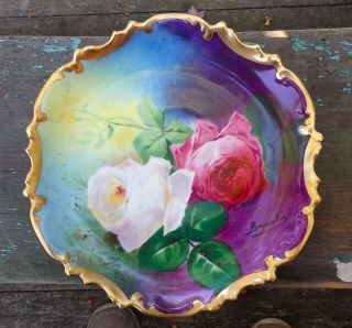 Signed Coronet Limoges Handpainted Floral Wall Plate Broussillon Gold