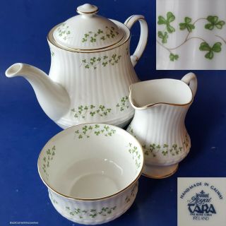Royal Tara Ireland Trellis Shamrock Ribbed Fluted Teapot,  Creamer,  Open Sugar Bowl