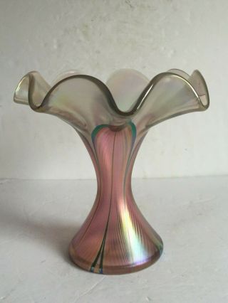 Vintage Stuart Abelman Studio Art Glass Pulled Feather Ruffle Top Vase C1988