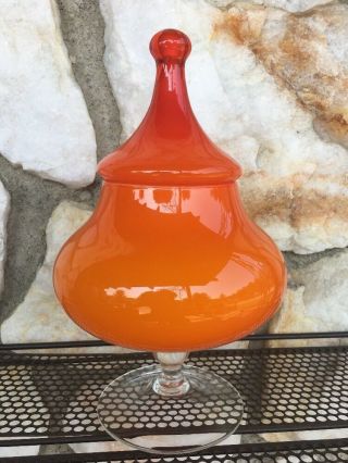 Vintage Mid Century Orange Glass Candy Dish With Lid