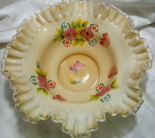Antique Fenton Hand Painted Cased Glass Brides Basket Double Ruffled Bowl