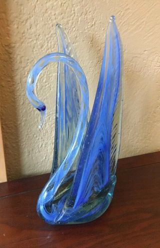Vintage Hand Blown Art Glass Blue Swan Figurine Sculpture 9 - 3/4” Tall