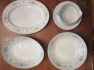 4 Piece Diane Fine Porcelain China Serving Bowls Platter Gravy Boat Oval Round