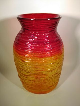 Mid Century Blenko Glass Textured Ribbed Vase Amberina Red Orange Yellow