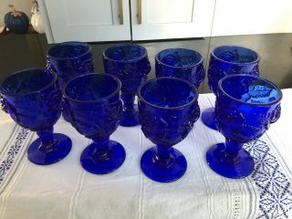 Cobalt Blue Carnival Glass Fenton Lg Madonna Inn Wild Rose Set Of 8