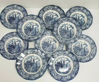 Set Of 10 Staffordshire Ironstone Liberty Blue Soup Bowl Old North Church,  8.  75 "
