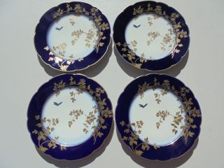 4 Antique Chas Haviland Limoges France Cobalt Blue Gold Butterfly Salad Plates