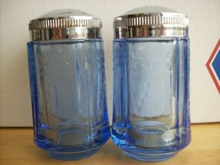 Sapphire Blue Federal Madrid Pattern Depression Glass Salt And Pepper Shakers.