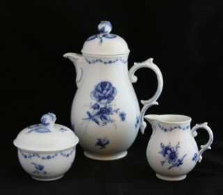 Furstenberg Lottine German Blue & White China Coffee Pot Sugar Bowl Creamer Set
