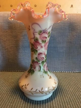 Fenton/charlton ( (awco) Vase With Hand - Painted Bows/flowers— Peach Blow Interior