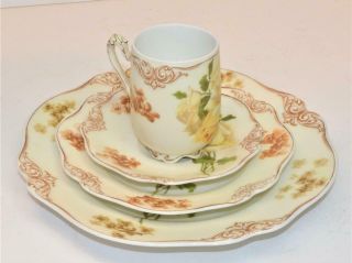 1920s Silesia Porcelain Hand Painted Old Ivory Yellow Roses 4 Pc Place Settings