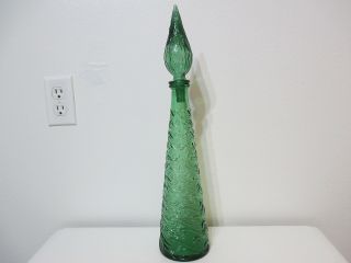 Vintage Glass Decanter Made In Italy Empoli Scroll Wavy Lines Green 18 1/2 " T