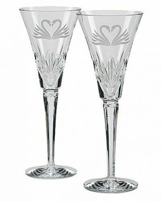 Set 2 Gorgeous Waterford Toasting Flutes / Champagne Glasses With Etched Swans