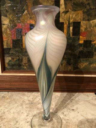 Signed American Studio Art Glass 12”favrile Pulled Feather Vase