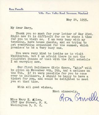 S717.  Rosa M.  Ponselle Opera Singer,  Autographed Signed Letter Dated 5/24/1955.