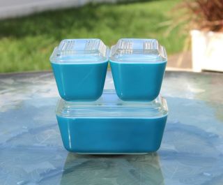 Vtg Pyrex Turquoise Teal Robins Egg Blue Refrigerator Dishes 0501 0502 W/lids