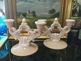 Antique Cambridge Glass Pink Opaque Milk Candelabras Candle Holders (pair)