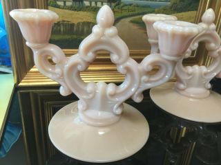 Antique Cambridge glass Pink opaque milk Candelabras candle holders (pair) 2