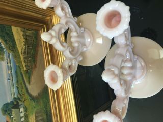 Antique Cambridge glass Pink opaque milk Candelabras candle holders (pair) 4
