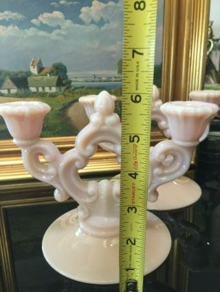 Antique Cambridge glass Pink opaque milk Candelabras candle holders (pair) 7