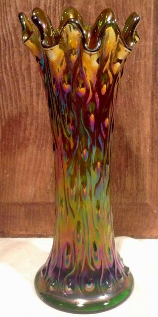Vintage 9 - 1/2 " Northwood Green Carnival Glass Vase Tree Truck Pattern
