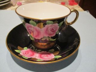 Adderley Bone China Lawley Black Gold Cup And Saucer Large Pink Cabbage Rose