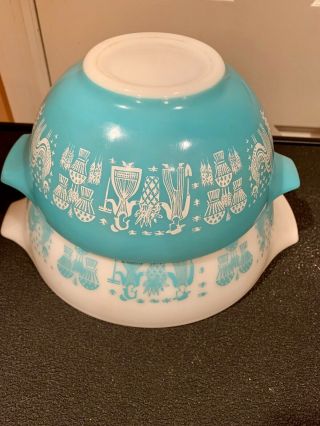 Vtg.  Pyrex Amish Butterprint Turquoise Cinderella Mixing Nesting Bowls 442,  443