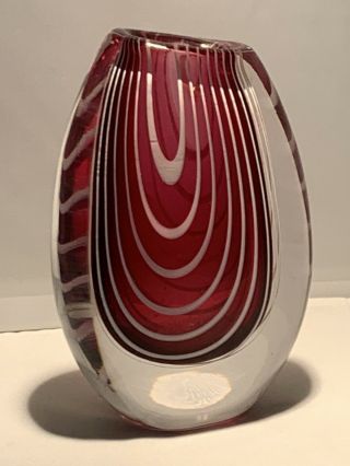 Vintage Small Italian Murano Glass Vase.  Red White Strips