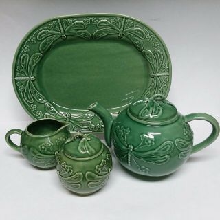 World Market Dragonfly Green Tea Pot Cream Sugar & Platter Set Made In Portugal