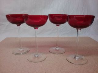 Set Of 4 Red Top Cordial Wine Glasses Elegant Crystal Clear Stems