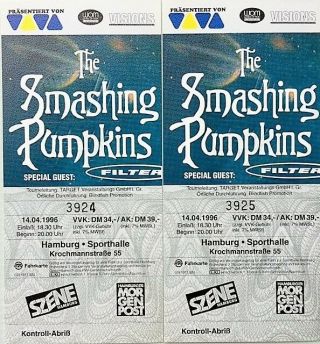 Smashing Pumpkins Tickets W/ Filter Set Of Two (2) Hamburg,  Germany 1996