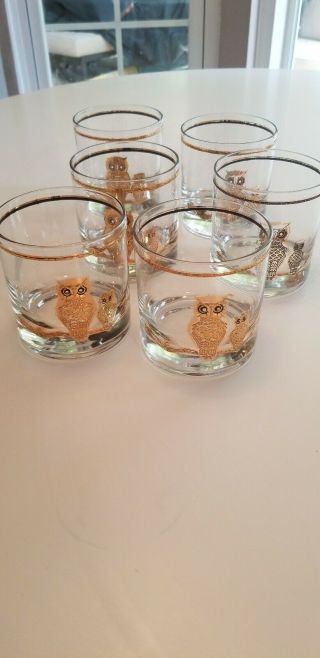 6 - 22k Mid Century Culver Owl Low Ball Glasses