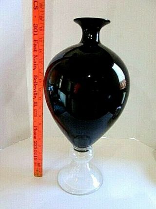 Artisan Hand Blown Black Art Glass Vase 19 " Clear Base Bulb Shape Heavy 10 " Dia