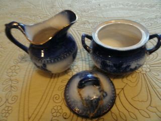 Antique China WP La Belle Flow Blue Sugar Bowl and Creamer,  very vintage 2