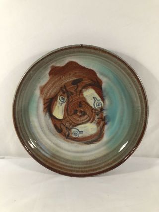 Merritt Island Pottery Signed Green Blue Brown Fish Plate 10” Thick Clay