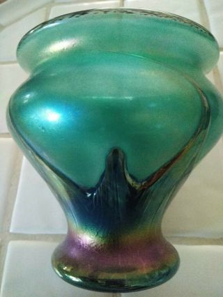 Heron Glass Two Toned Green Iridescent Vase With Oil Colored Overlay.  Signed