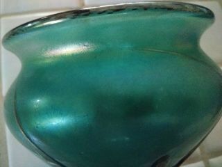 Heron Glass two toned Green Iridescent Vase with oil colored overlay.  Signed 2