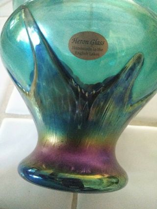 Heron Glass two toned Green Iridescent Vase with oil colored overlay.  Signed 6
