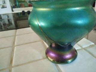 Heron Glass two toned Green Iridescent Vase with oil colored overlay.  Signed 7