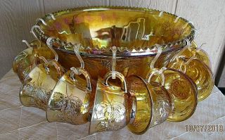 Vintage Indiana Grape Harvest Marigold Carnival Glass Punch Bowl Set 12 Cups