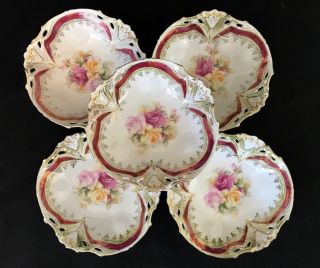 Set Of 5 Antique Rs Prussia Berry Bowl Dessert Bowl Roses Lily Pink Band 5