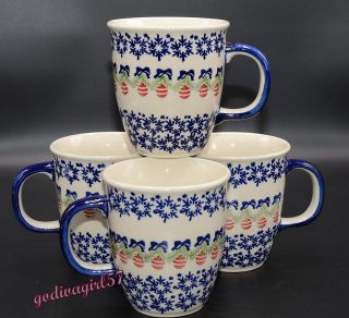 Polish Pottery Boleslawcu 4 Mugs / Cups Christmas,  Ornaments Snowflakes