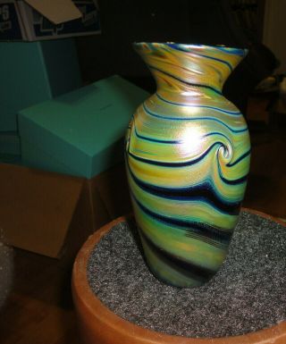 Blue & Gold Iridescent Art Glass Vase W/ Swirl Design 6 1/2 "