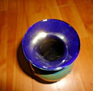 Blue & Gold Iridescent Art Glass Vase w/ Swirl Design 6 1/2 