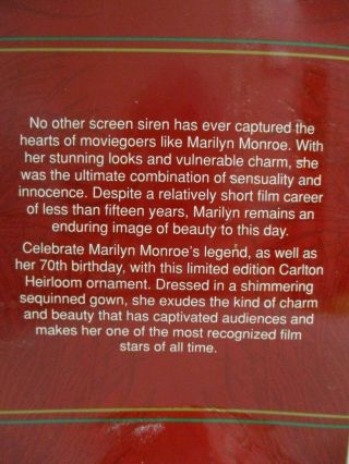 1996 Carlton Cards 70th Birthday Marilyn Monroe Limited Edition Ornament N/w box 4