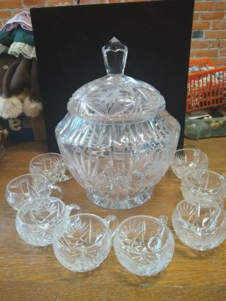 Vintage Crystal Clear Glass Punch Bowl Set W/ Lid & 8 Cups
