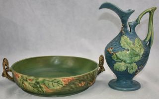 Vintage Roseville Pottery Bushberry Green Bowl 415 - 10 And Blue Ewer 2 - 10