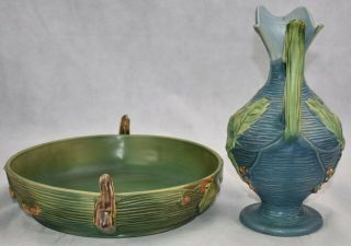 Vintage Roseville Pottery Bushberry Green Bowl 415 - 10 And Blue Ewer 2 - 10 2