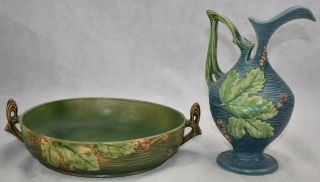 Vintage Roseville Pottery Bushberry Green Bowl 415 - 10 And Blue Ewer 2 - 10 3
